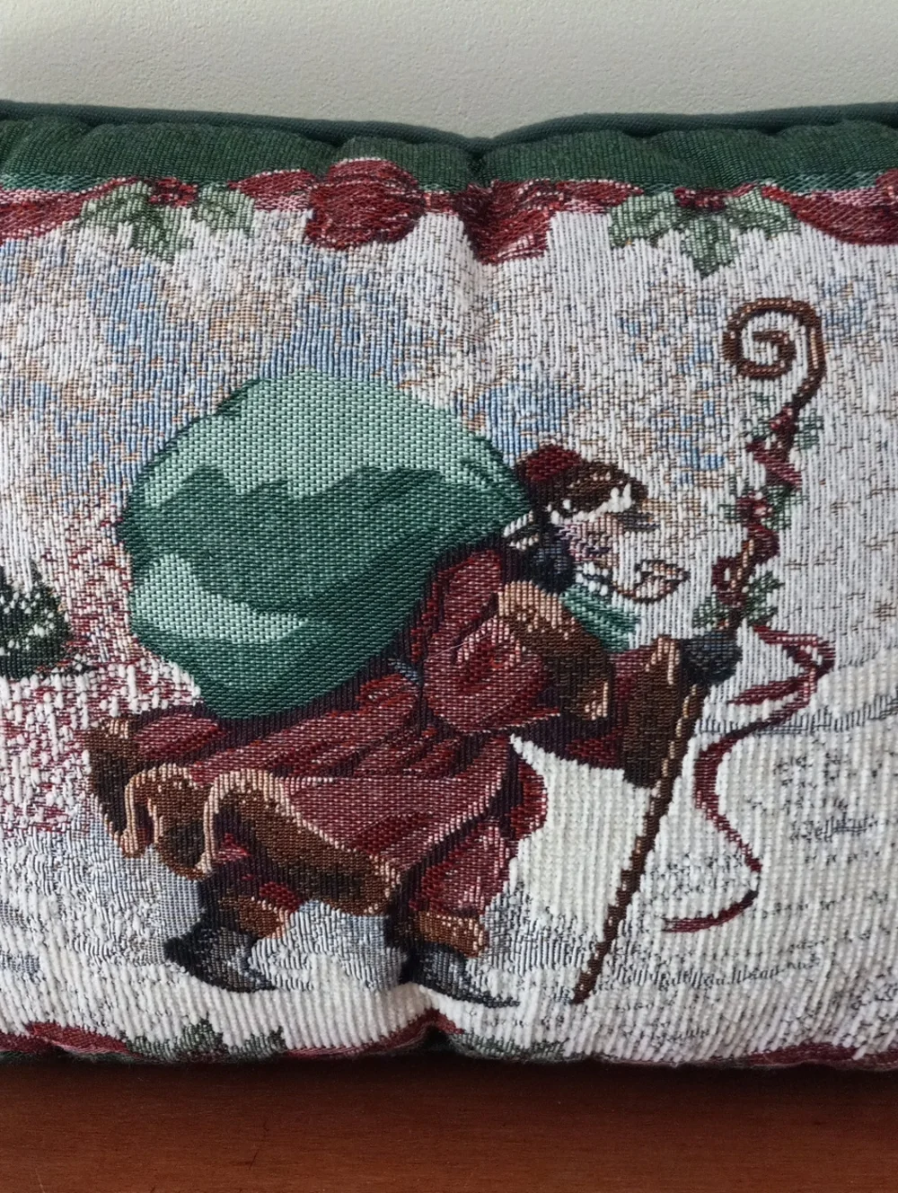 Holiday Santa Tapestry Decorative Pillow - Green and Red